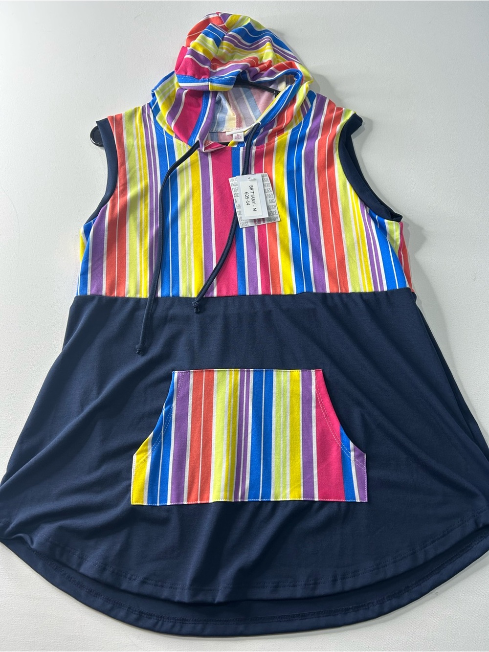 NWT Lularoe Medium Brittany Colorful Stripes Sleeveless Hooded T-shirt